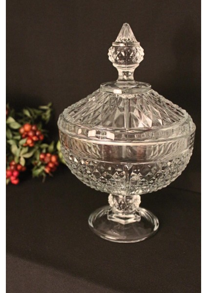 Parlak Kristal Ayaklı ve Kapaklı Şekerlik, Meyve ve Kurabiye Kabı