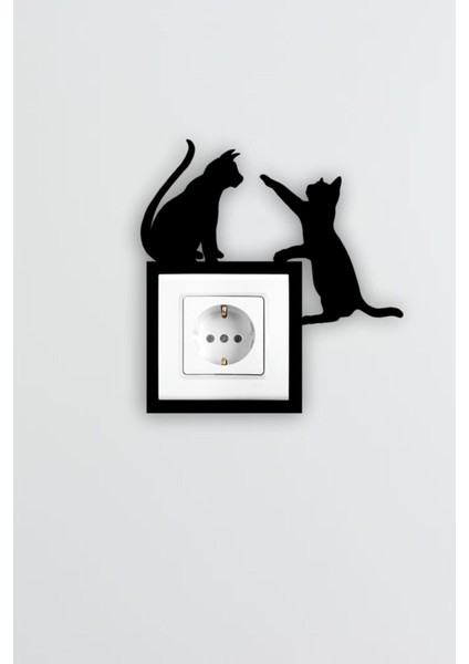 Siyah Ahşap Kedi Temalı Priz ve Anahtar Çerçevesi