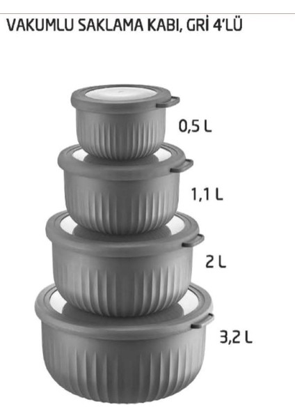 4'lü Gri Vakumlu Saklama Kabı Seti, Pratik ve Şık Mutfak Gereçleri