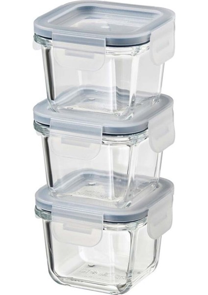 3'lü Cam Saklama Kabı Seti, Kapaklı ve Kilitlemeli, Gri Renk