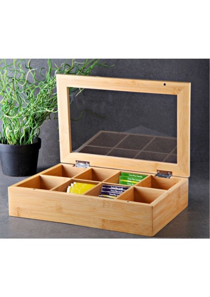Kahverengi 8 Bölmeli Bambu Saklama Kutusu, 30X20X9CM, Güzel ve Pratik Çay ve Bitki Saklama