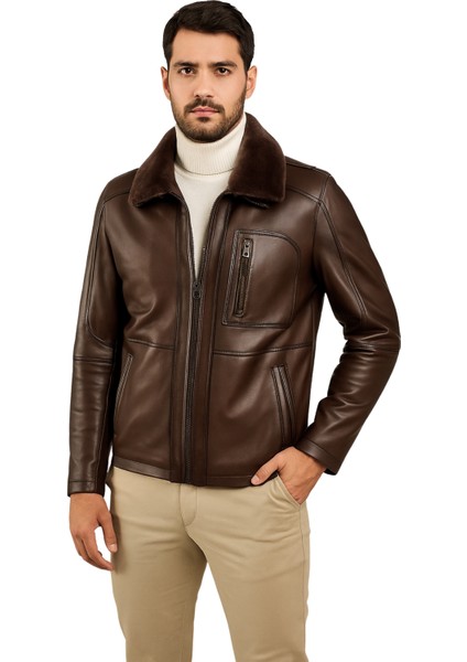 Carlos Hakiki Deri Erkek Kestane Seyyar Kürk Yaka Ceket-Mont