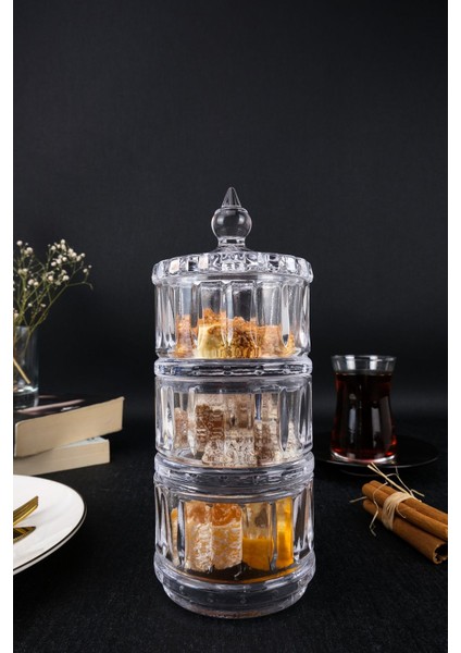 3 Katlı Cam Sunumluk, Kurabiye ve Şekerlik, 8 Cm, Şık ve Kullanışlı Tasarım