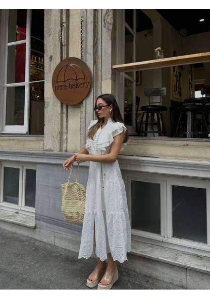 Önü Fırfırlı Yırtmaç Detay Fisto Bağcıklı Pamuk Elbise modelleri