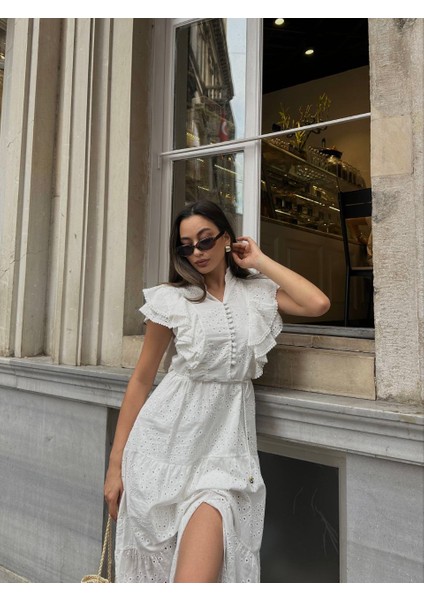 Önü Fırfırlı Yırtmaç Detay Fisto Bağcıklı Pamuk Elbise indirimleri