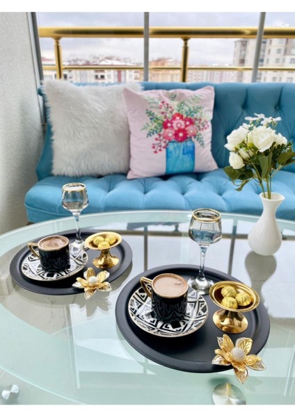 6'lı Zambak Çiçekli Siyah Yuvarlak Servis Tepsisi, Çay, Pasta, Kahve 24 cm