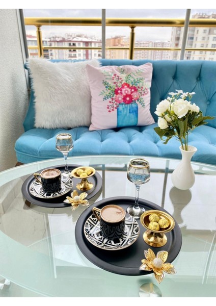 6'lı Zambak Çiçekli Siyah Yuvarlak Servis Tepsisi, Çay, Pasta, Kahve 24 cm fiyatları