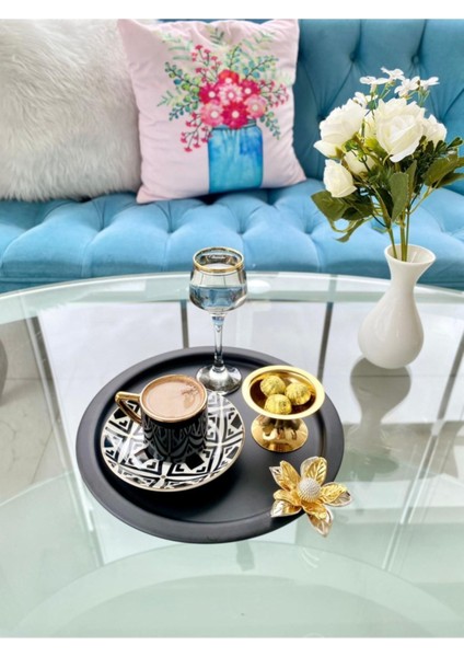 6'lı Zambak Çiçekli Siyah Yuvarlak Servis Tepsisi, Çay, Pasta, Kahve 24 cm modelleri