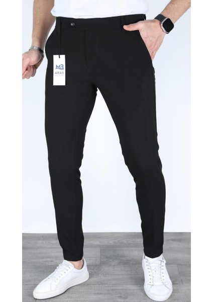 Erkek siyah düğmeli Armürlü kumaş pantolon ince rahat esnek