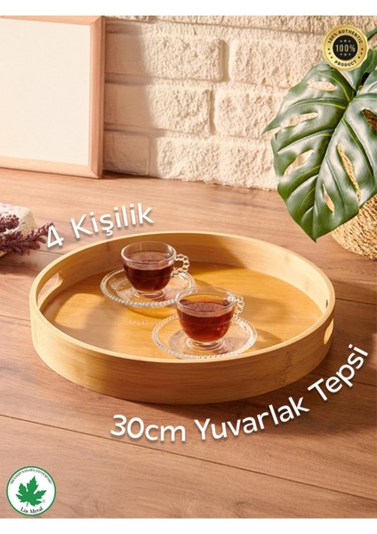 30 cm Yuvarlak Bambu Tepsi, Kulplu, Sunum ve Servis Için Modern Tahta Tasarımı