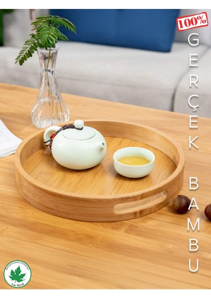 30 cm Yuvarlak Bambu Tepsi, Kulplu, Sunum ve Servis Için Modern Tahta Tasarımı fiyatları