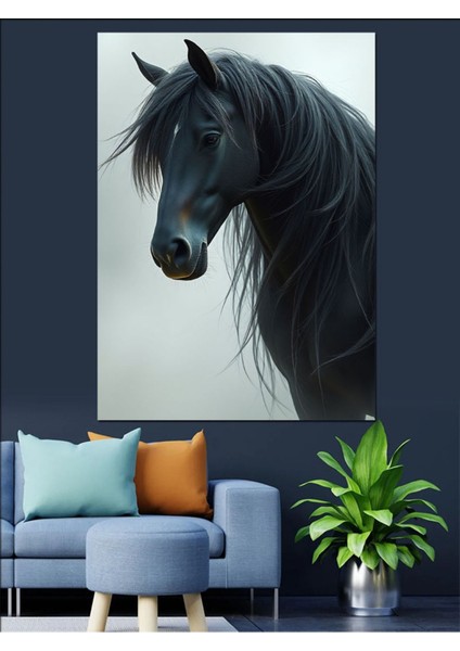 Renkli Siyah At Portresi Dekor Kanvas ve Ahşap Tablo