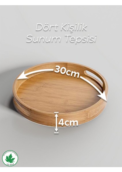30 cm Yuvarlak Bambu Tepsi, Kulplu, Sunum ve Servis Için Modern Tahta Tasarımı