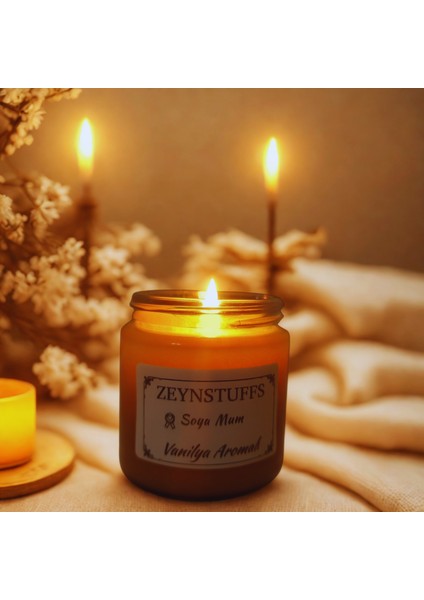 Vanilya, Gül, Amber Kokulu Amber Cam Kavanoz 100 cc Soya Mum