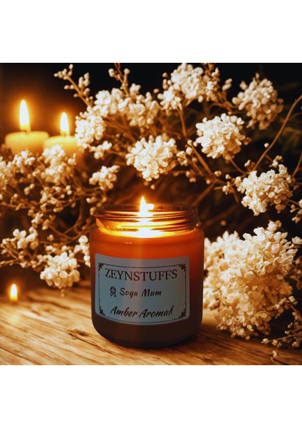 Vanilya, Gül, Amber Kokulu Amber Cam Kavanoz 100 cc Soya Mum