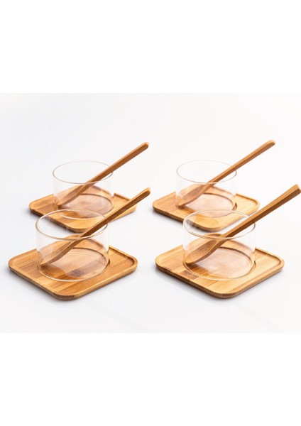 Dörtli Bambu Tabaklı Borosilikat Cam Sufle Seti, Şık ve Dayanıklı Mutfak Gereçleri
