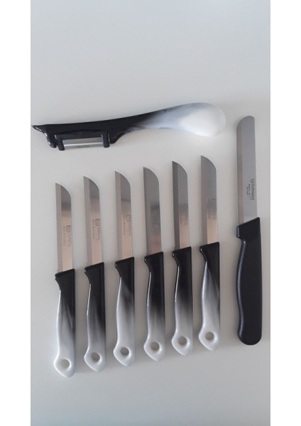 Şık 6'lı Ebruli Siyah Meyve Bıçağı Seti, Topuz Sap, Yan Soyacak ve Mikro Tırtıklı Doğrama