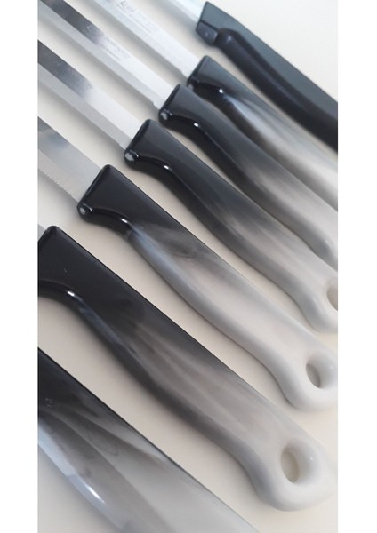 Şık 6'lı Ebruli Siyah Meyve Bıçağı Seti, Topuz Sap, Yan Soyacak ve Mikro Tırtıklı Doğrama fiyatları