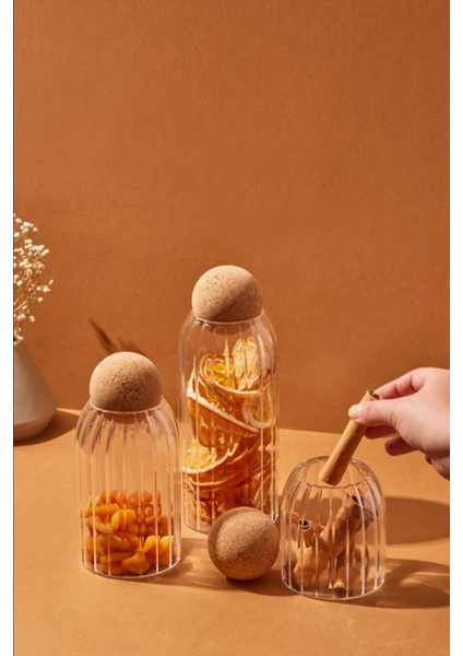 Şeffaf Cam Kavanoz ve Baharat Seti, Mantar Kapak, 3'lü, Farklı Boyutlar