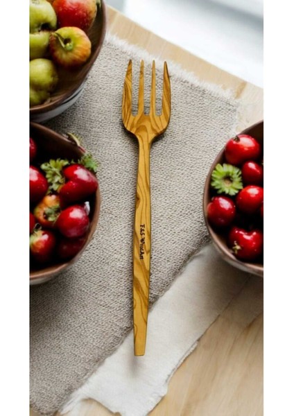 El Yapımı Ahşap Servis Çatalı, 26,5 Cm, Doğal ve Şık Kahverengi Tasarım