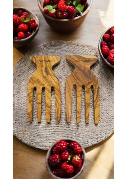 El Yapımı Zeytin Ağacı Salata ve Servis Çatalı Seti, 15X7 Cm, Kahverengi