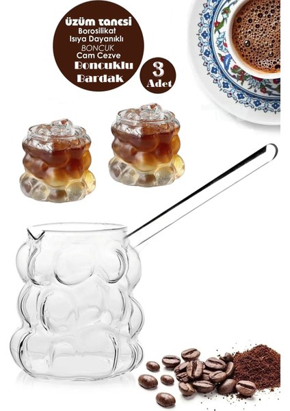 Turuncu Isıya Dayanıklı Boncuk Cam Cezve ve Bardak Seti, Şık ve Dayanıklı Tasarım