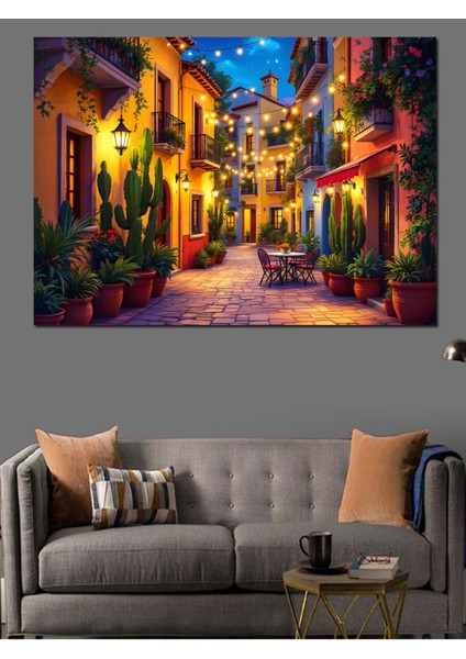 Renkli Işıklı Sokak Dekoratif Tablo, Şık ve Canlı Duvar Süslemesi indirimleri