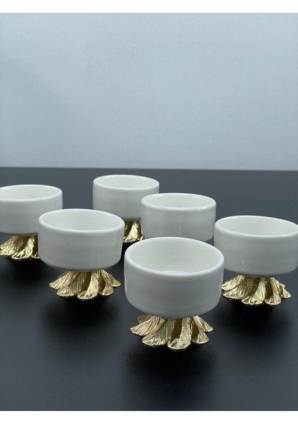 6 Kişilik Beyaz Porselen Gold Metal Ayaklı Kahve ve Lokumluk Kase Seti