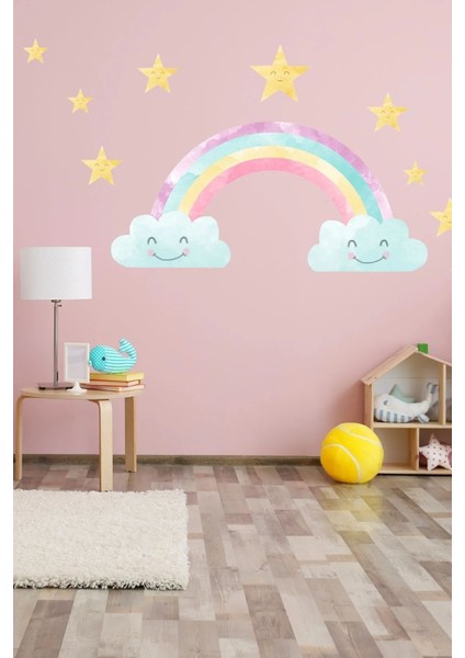 Renkli Gökkuşağı ve Yıldızlar Duvar Sticker Seti, Şık ve Eğlenceli Dekorasyon.