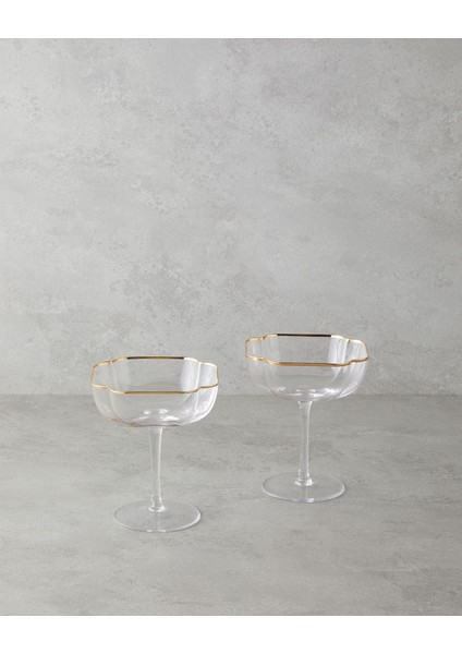 El Yapımı Renkli Cam Cup Seti, 2'li, 290 Ml, Şeffaf ve Gold Detaylı