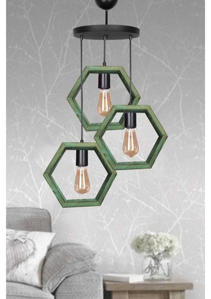 Yeşil Boyalı Ahşap 3'lü Hexagon Modern Avize, Şık ve Doğal Aydınlatma Seçeneği