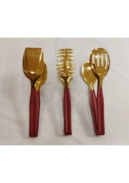 3 Parça Kırmızı ve Gold Titanyum Servis Maşa Seti, Şık ve Kullanışlı Tasarım