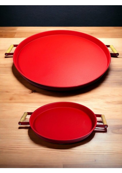 Ahşap Kulplu 51 cm Metal ve 30 cm Kırmızı Sunum Tepsisi Seti