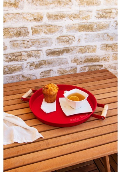 Ahşap Kulplu 51 cm Metal ve 30 cm Kırmızı Sunum Tepsisi Seti modelleri