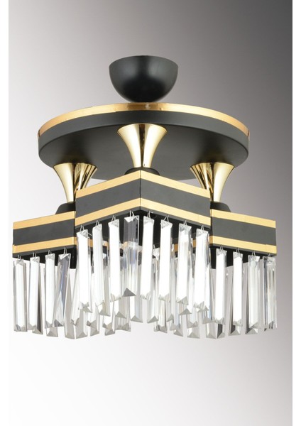 3'lü Siyah Kristal Taşlı Kare Avize, Sarı Şeritli, Şık ve Zarif Tasarım