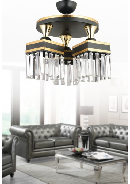 3'lü Siyah Kristal Taşlı Kare Avize, Sarı Şeritli, Şık ve Zarif Tasarım fiyatları