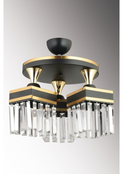 3'lü Siyah Kristal Taşlı Kare Avize, Sarı Şeritli, Şık ve Zarif Tasarım modelleri