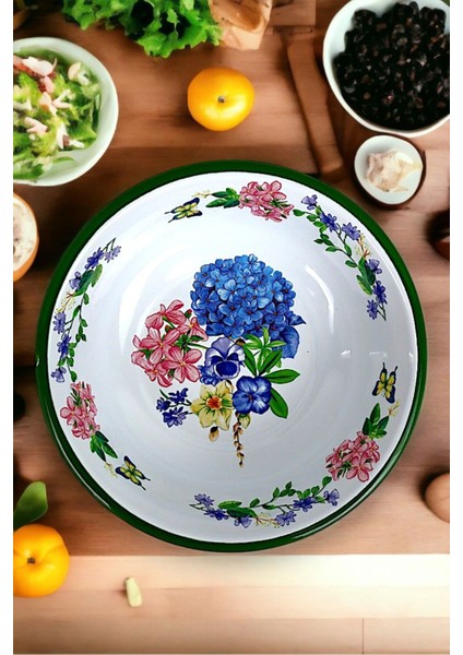 Yeşil 24 cm Emaye Kase, Çukur, Salata ve Cips Tabak