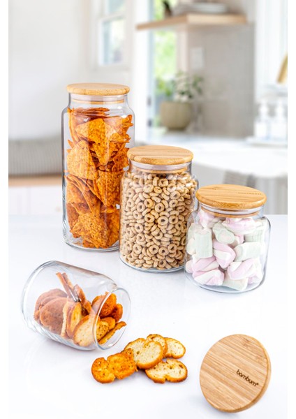 4'lü Cam Saklama Kabı Seti, Vakumlu Bambu Kapaklı, Şık ve Kullanışlı.