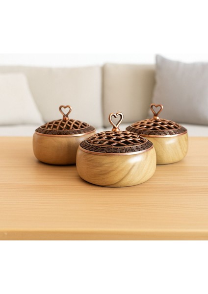 3'lü Ahşap ve Bakır Kapaklı Renkli Sunumluk, 9,5cm, Rustik ve Şık Tasarım