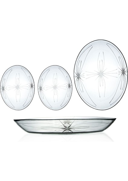 3'lü Oval Cam Salata Sunum Tabak Takımı, Mira Desenli, Turuncu