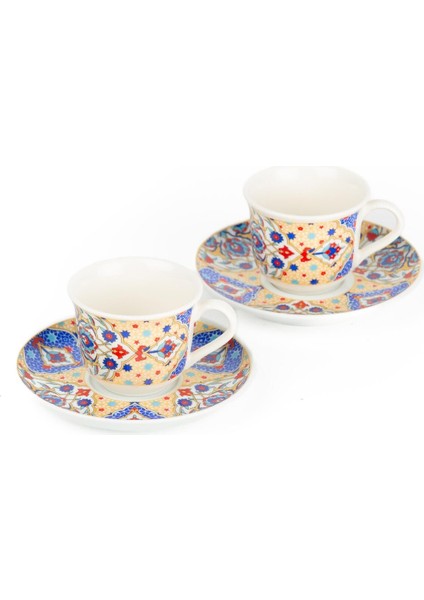 Renkli Porselen Kahve Fincanı 2'li Osmanlı Çini Desenli Set