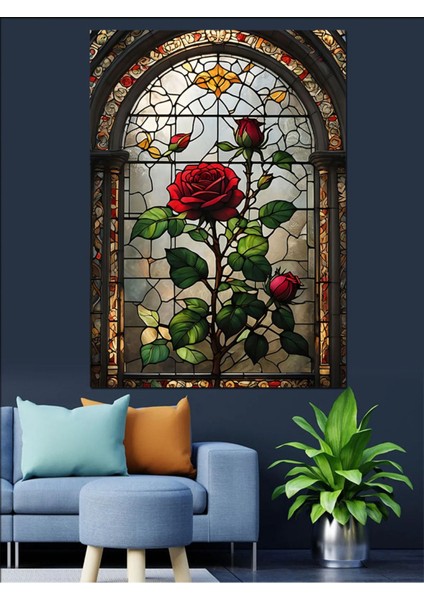 Vitray Şeklinde Kırmızı Güller Dekoratif Kanvas ve Ahşap Tablo