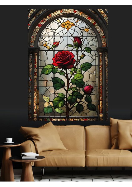 Vitray Şeklinde Kırmızı Güller Dekoratif Kanvas ve Ahşap Tablo fiyatları