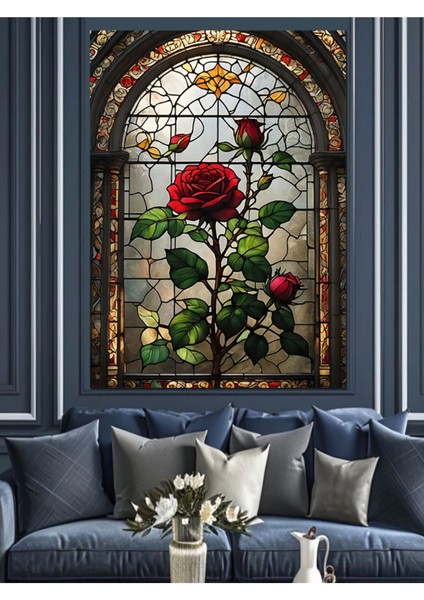 Vitray Şeklinde Kırmızı Güller Dekoratif Kanvas ve Ahşap Tablo modelleri