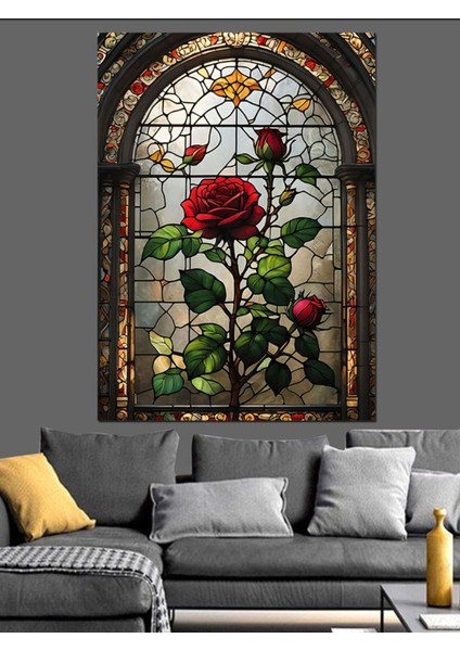 Vitray Şeklinde Kırmızı Güller Dekoratif Kanvas ve Ahşap Tablo fırsatları