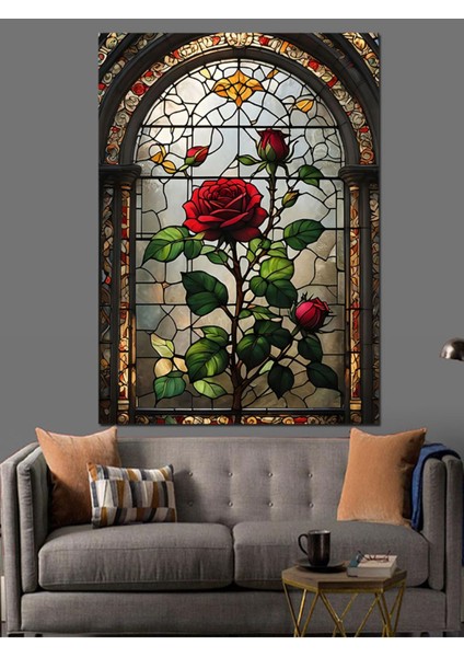 Vitray Şeklinde Kırmızı Güller Dekoratif Kanvas ve Ahşap Tablo indirimleri