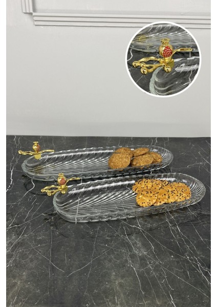 Nar Detaylı 2'li Oval Cam Sunum Tabağı, Şık ve Zarif Tasarım, Beyaz Renk.