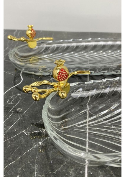 Nar Detaylı 2'li Oval Cam Sunum Tabağı, Şık ve Zarif Tasarım, Beyaz Renk. fırsatları