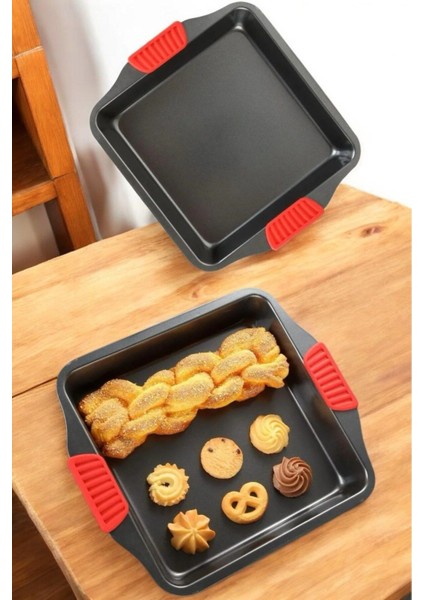 Renkli Silikon Saplı Kare Fırın Tepsisi, Metal, Yanmaz, Yapışmaz, 30 cm